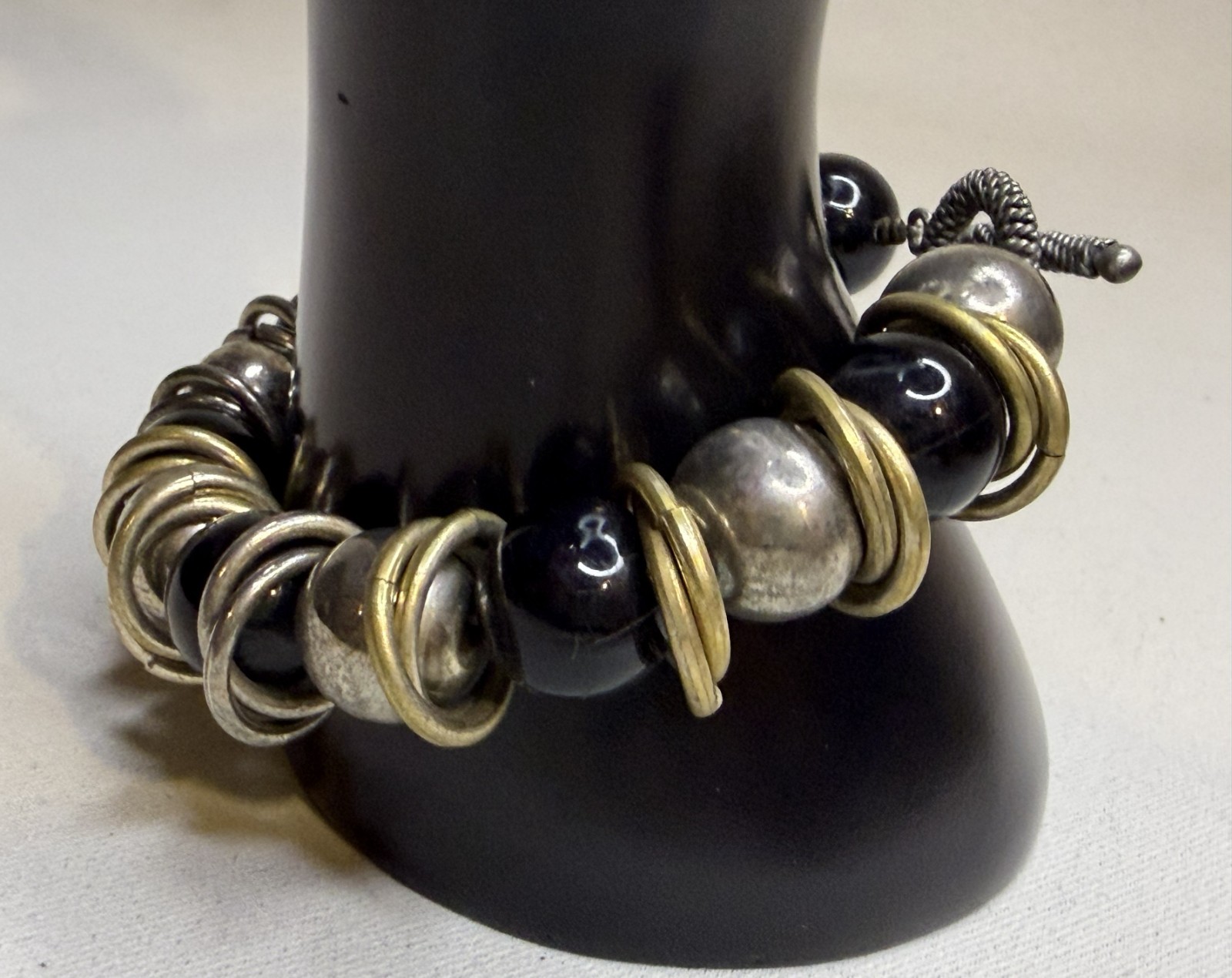 Vintage Mixed Metal Toggle Bracelet Chunky Silver Brass Jump Ring Black Beads