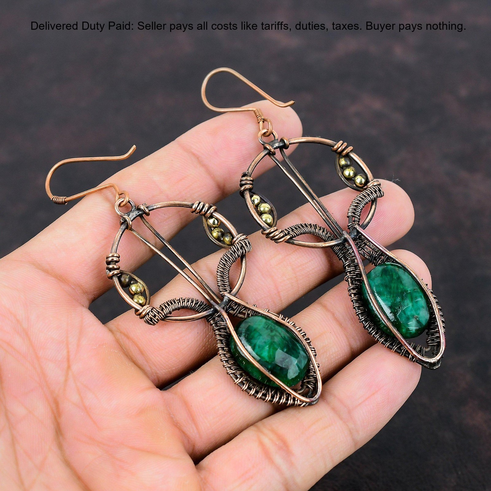 Copper Zambian Emrald Emrald Stone Wire Wrapped Mother Dangle Earrings Jewelry