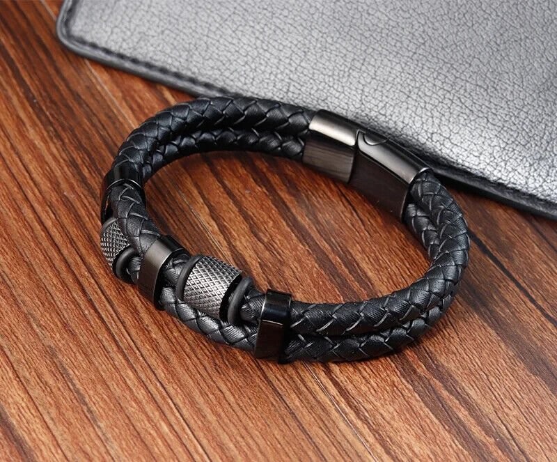 Men’s Stainless Steel Genuine Leather Bracelet Strength Fashion Bangle Wrap USA