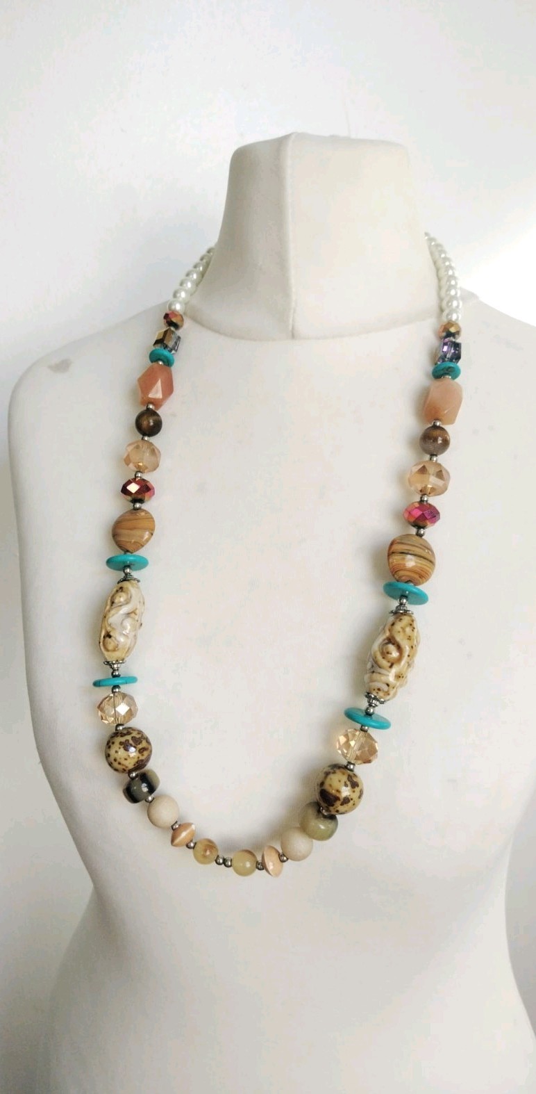 Long Blue Brown White Faux Pearl, Porcelain, Stone, Glass Mixed Beads Necklace