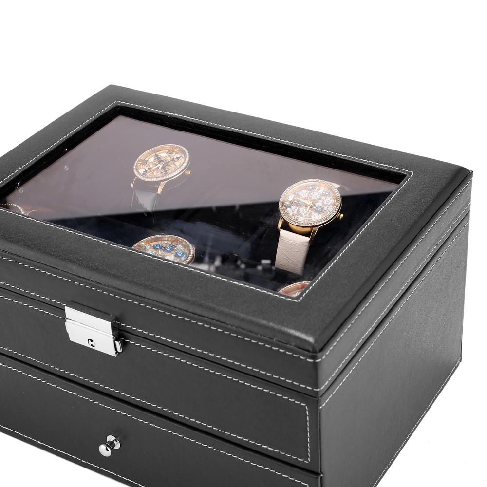 20 Compartments Watch Collection Storage Box Glass Top Display, Lockable, Black~