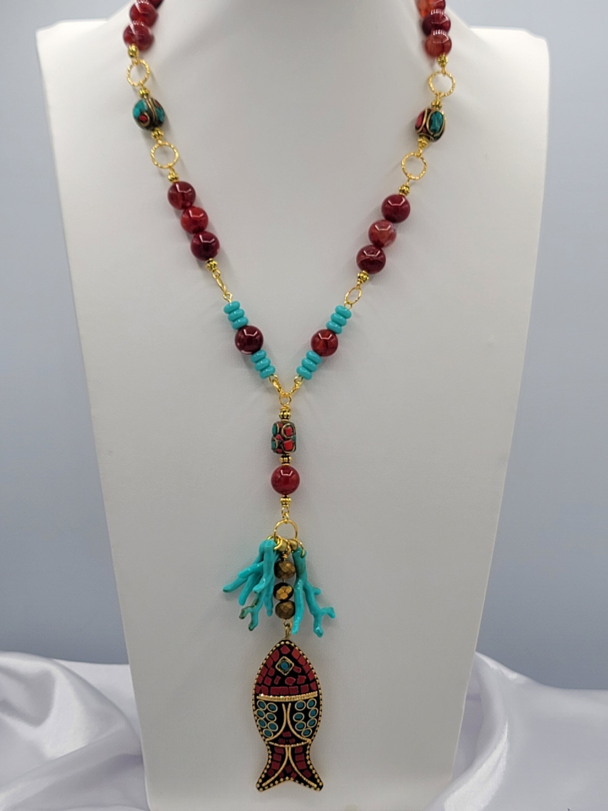 Red Turquoise Black Gold Beaded Necklace Fish Charm Pendant Lobster Clasp