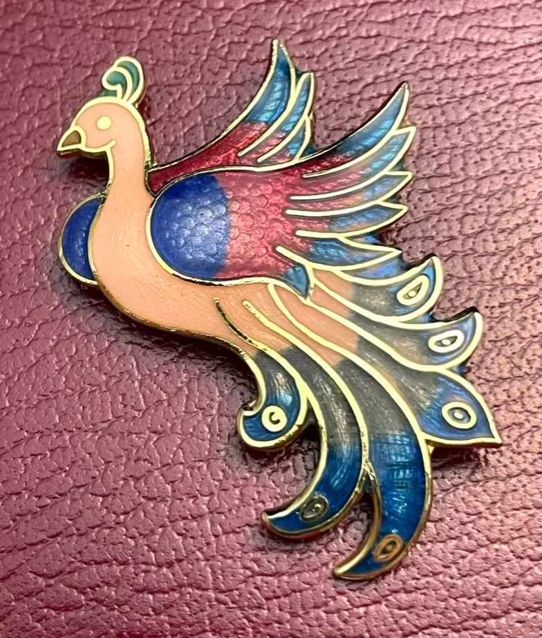 Cloisonné Peacock Brooch Paradise Bird Pink Red Green Enamel Mystical Fantasy