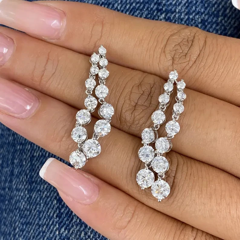 Round Cut Lab Grown Diamond For Engagement Gift Drop Earrings 14k White Gold