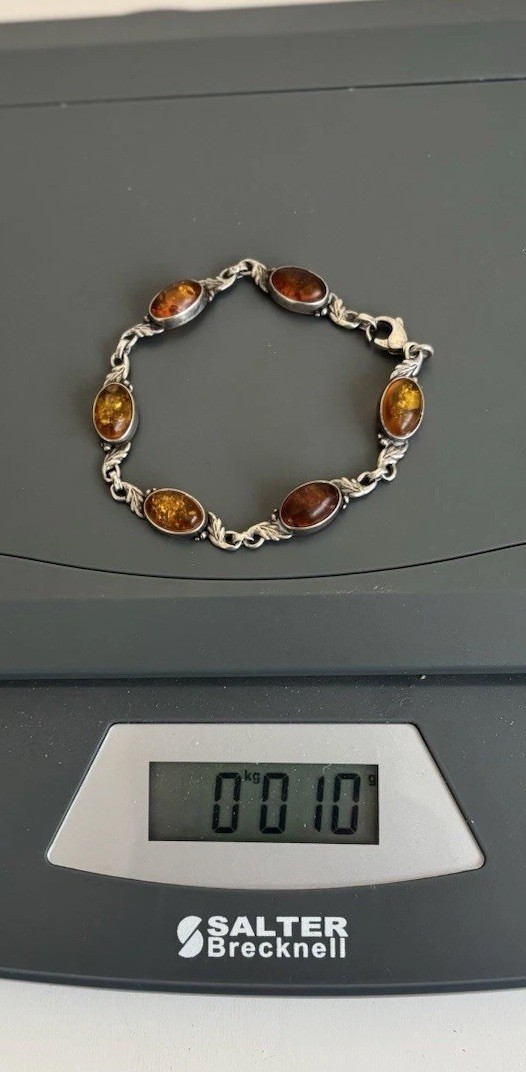 Vtg 925 Sterling Oval Cognac Amber Stones Link Leaf Chain Bracelet 7 Inches 10g