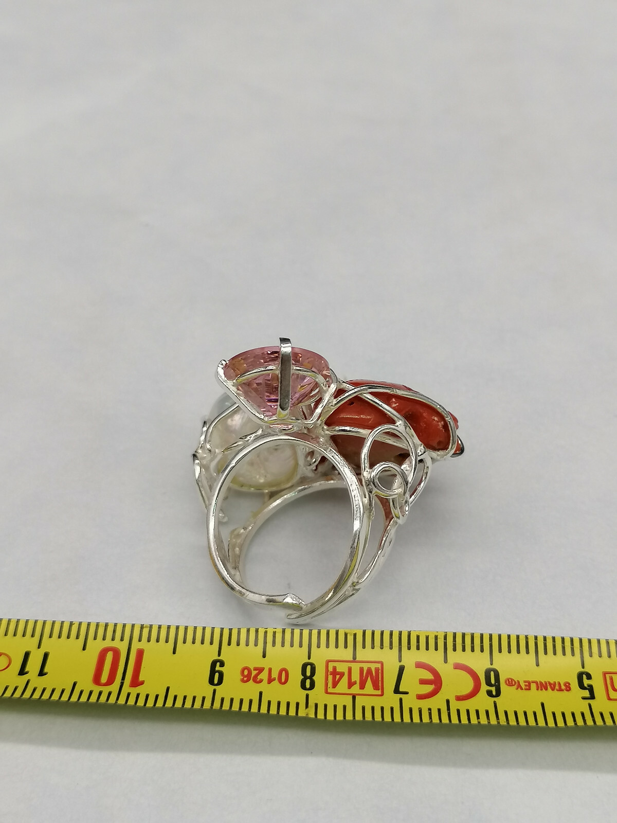 anello donna vero corallo rosso perla bianca swarovski rosa in argento bianco