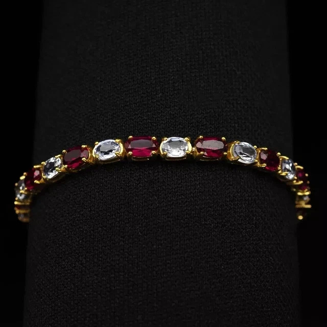 5CT Oval Cut Lab Created Ruby &Diamond Tennis Bracelet 14k Yellow Gold Plated