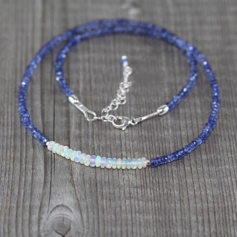 AA+ Blue Sapphire And Opal Gemstone Beads Necklace In 925 Silver Woman Jewelry B