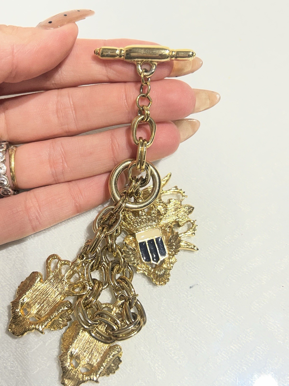 Vintage Gold Tone Heraldic Charm Bracelet Coat of Arms Eagle Crown