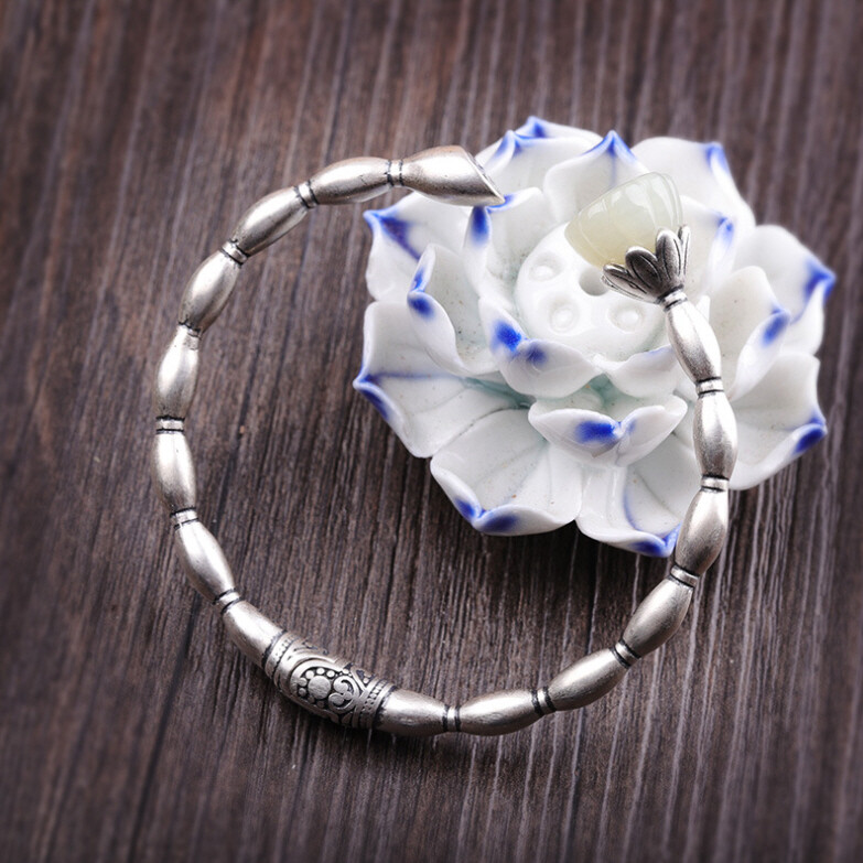 I03 Silver 925 Rice Grain Effect Lotus Flower White Jade Bangle Bracelet