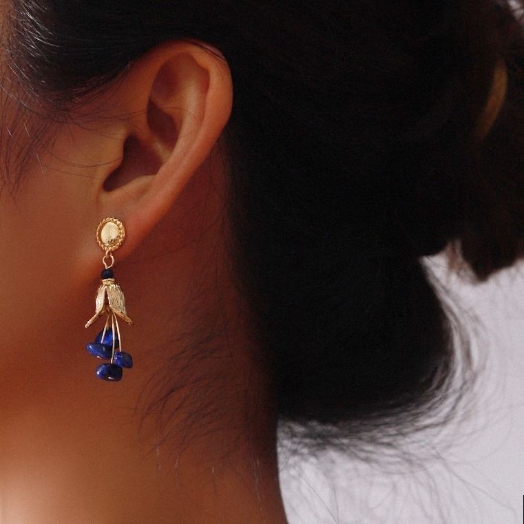 Lapis Lazuli Drop Earrings Gold Plated French Retro Blue Stone Dangle