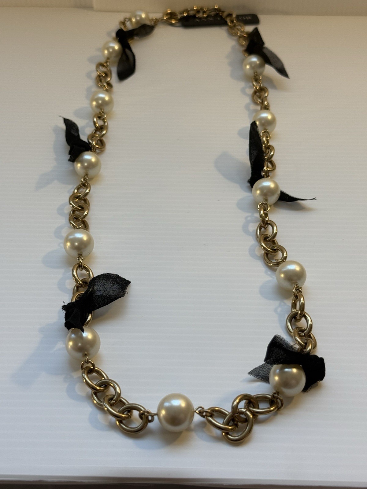 90’s Ann Taylor NWT Statement Necklace Chain Pearl Ribbon Heavy Chunky 33.5” L