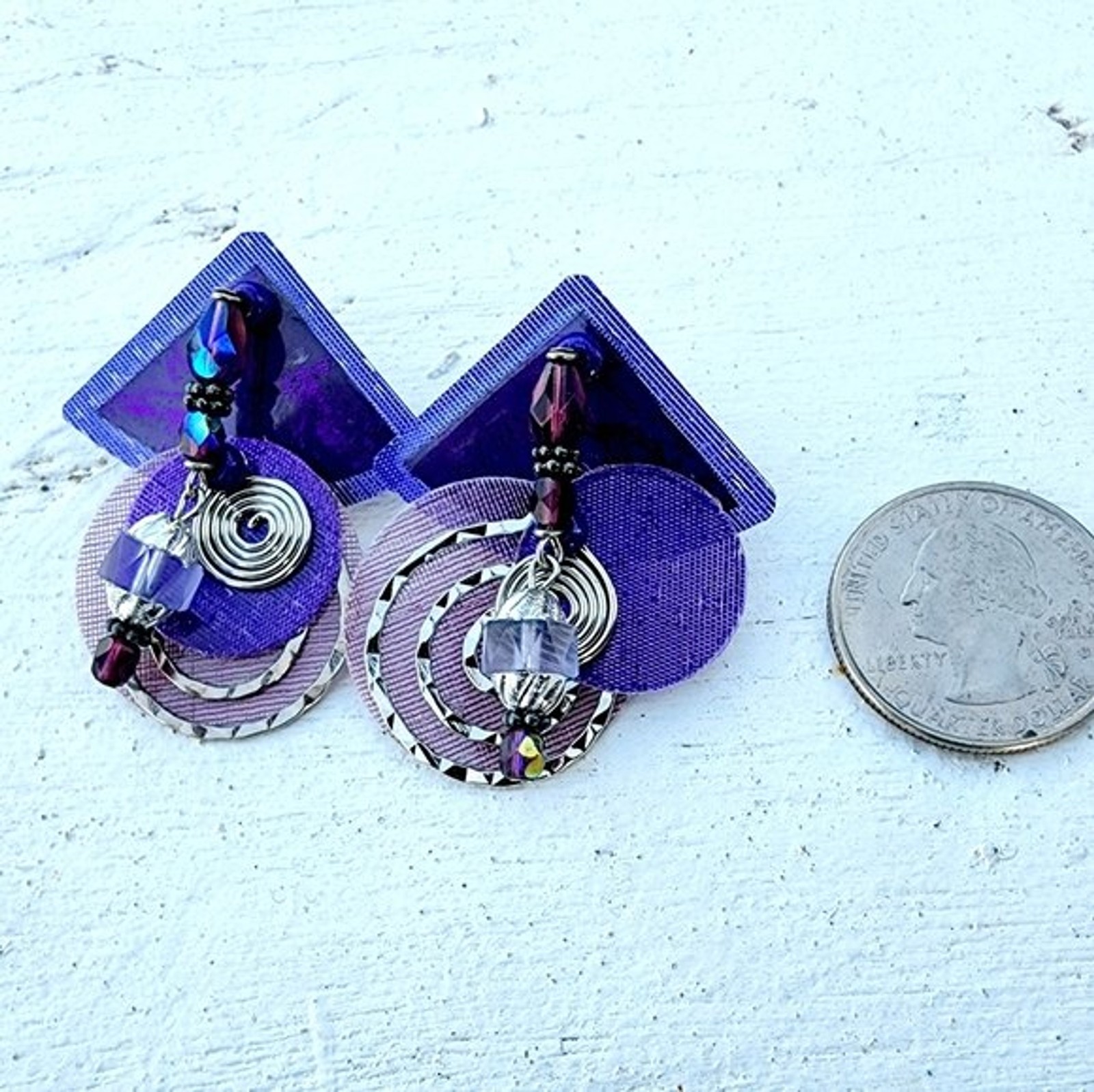 Shades of purple Memphis geometric triangle mesh circles Egyptian revival earrin