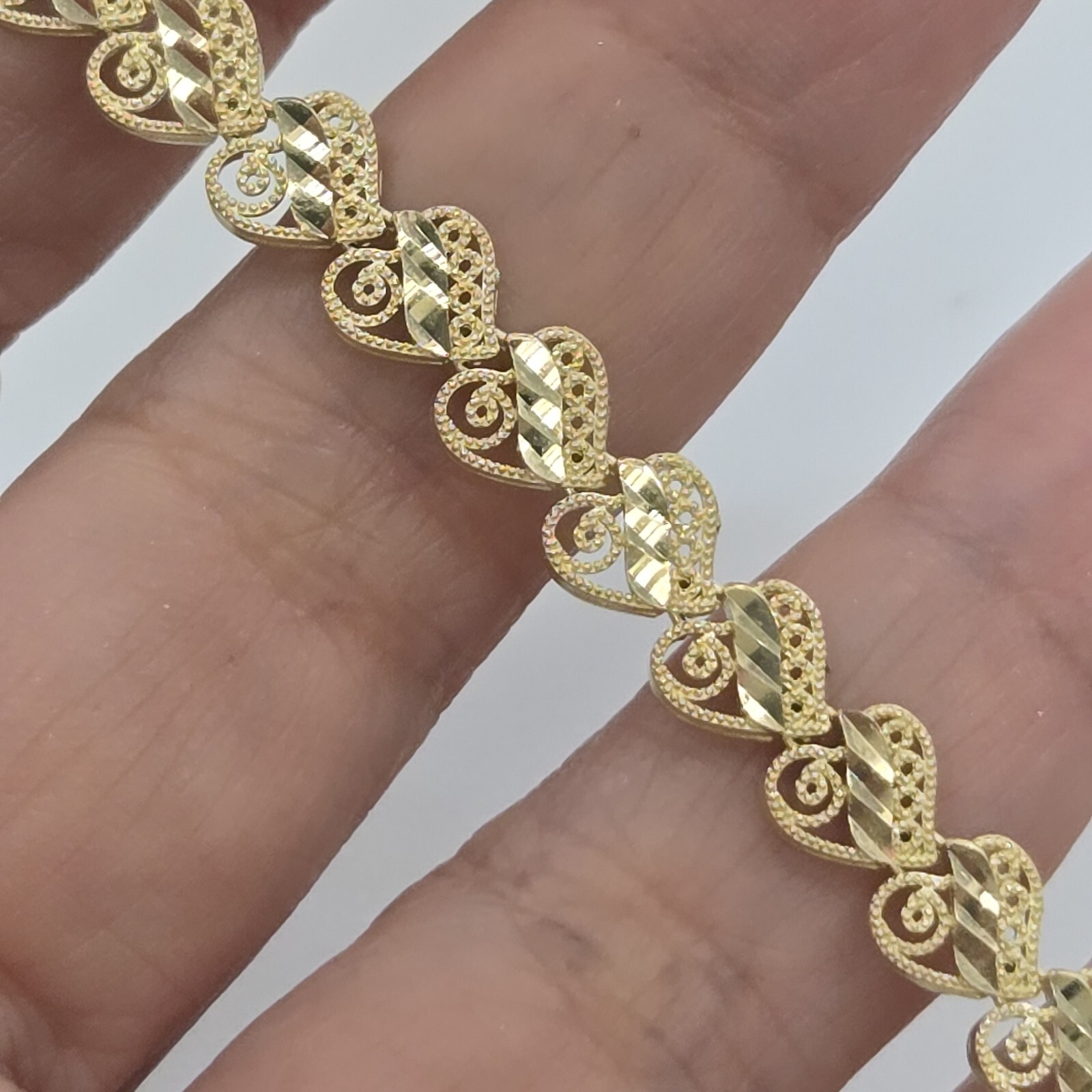 Solid 10k yellow gold hearts Bracelet 8 Inches Long Diamond Cut Large Size