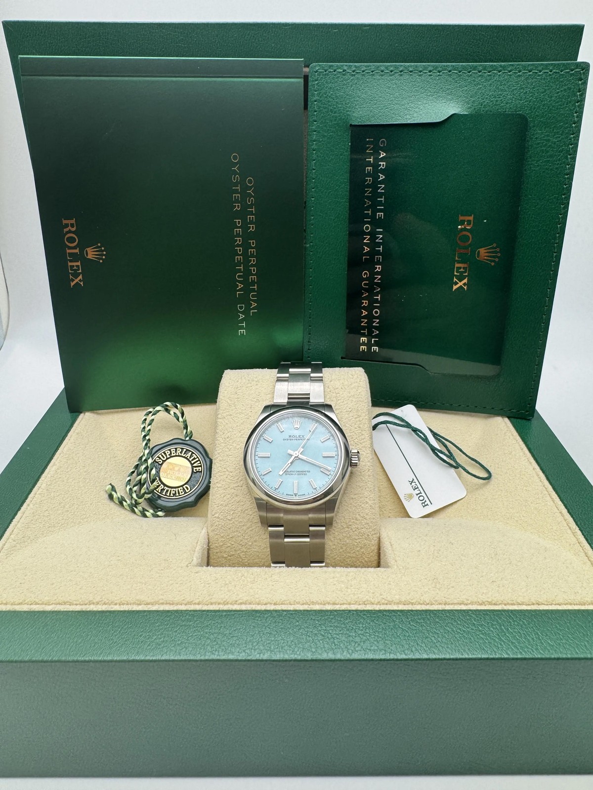 Pristine Rolex Oyster Perpetual 31 277200 Turquoise Dial Full Set Box Papers