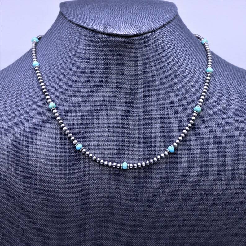 Blue Genuine Kingman 4mm Turquoise and Navajo Pearl Beaded Gemstone Necklace