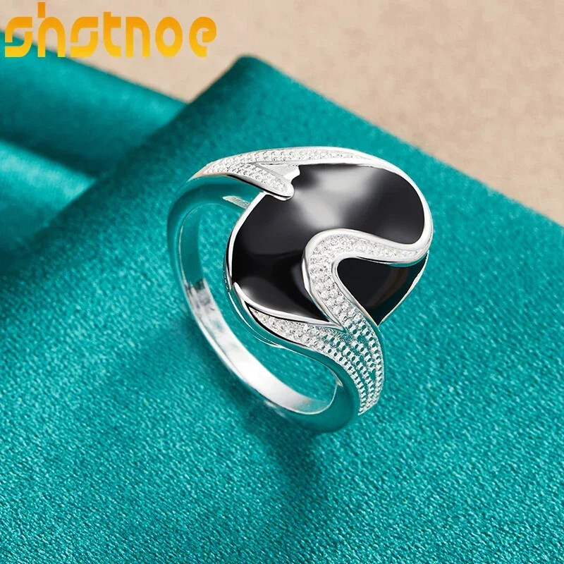 SHSTONE 925 Sterling Silver Ring High Quality Black Epoxy Rings Fashion Jewelry