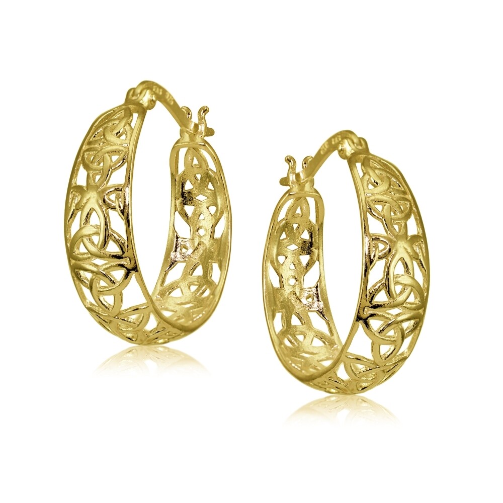 Yellow Gold Flashed 925 Silver High Polished Celtic Knot Filigree Hoop Earrings