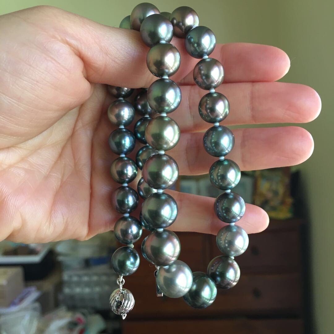 Rare Multi-gray Peacock black Tahitian Pearl 10-11.6mm Top Quality Necklace 43cm