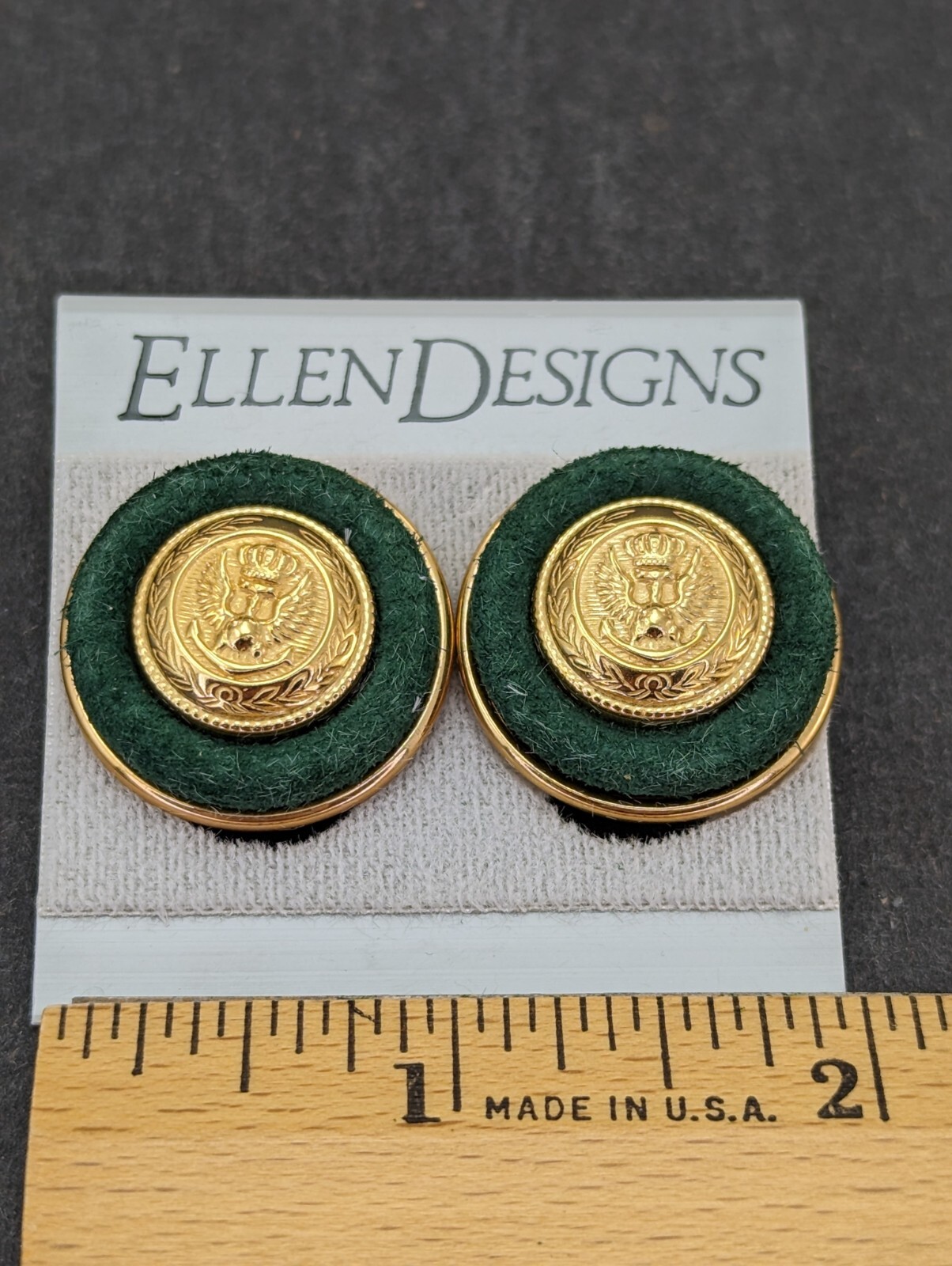 Vintage Ellen Designs Green Suede Patriotic Crown Eagle Earrings Gold Tone