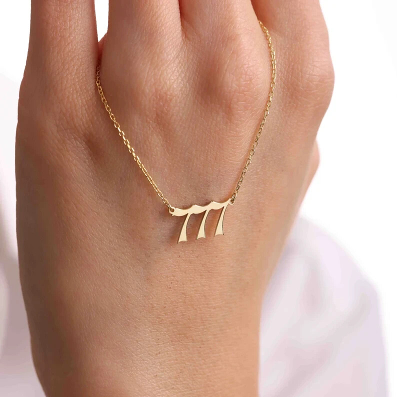 777 Angel Number Pendant Lucky Necklace Gift for Her 14k Yellow Gold Finish