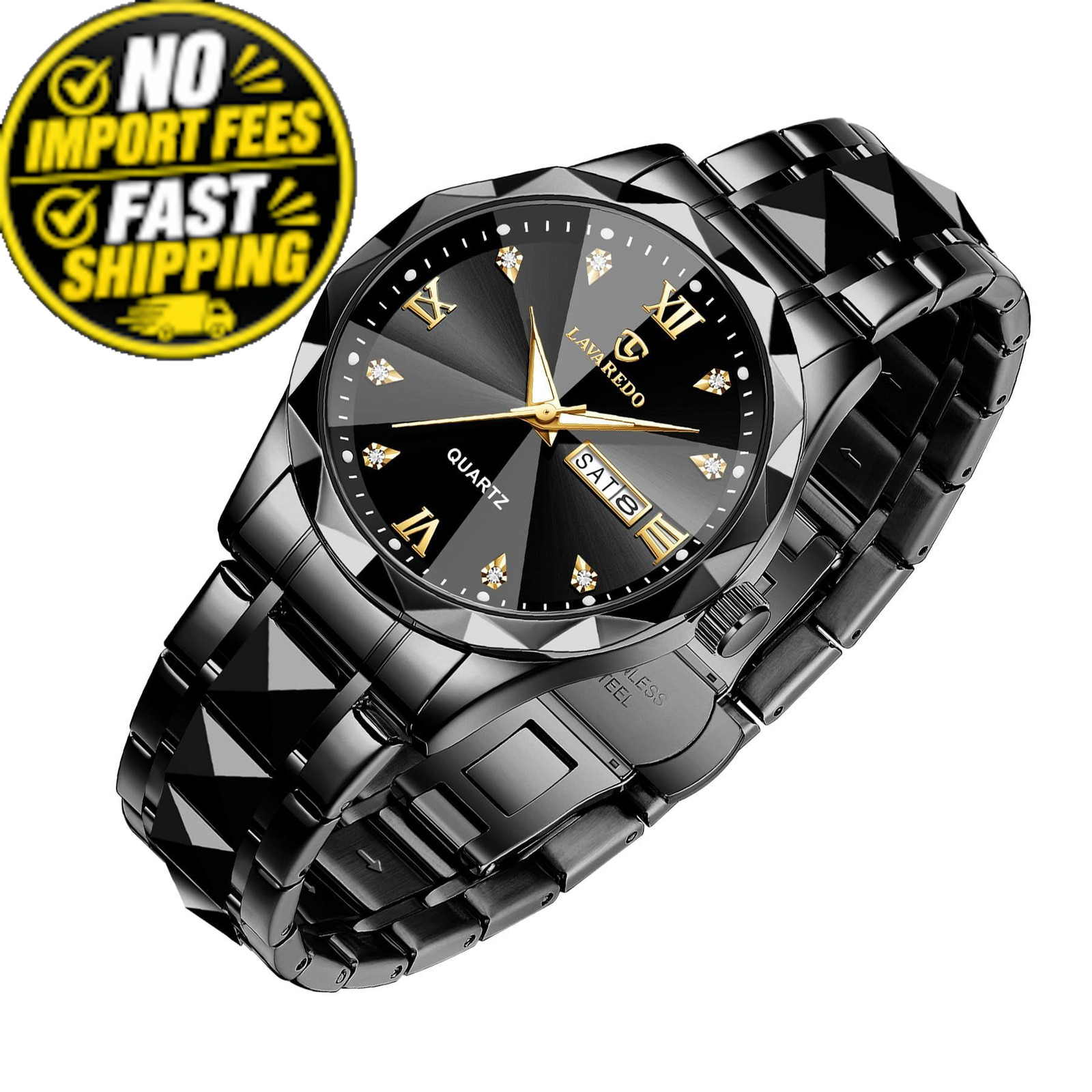 VTAIGE Mens Watches Stainless Steel Waterproof Luminous Date Two AllBlack