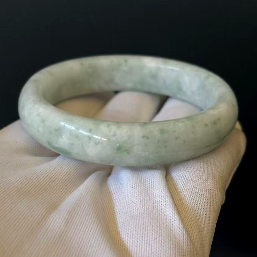Natural Light Green Jade Bracelet Bangle, Width 14 mm, In-Perimeter 7.2-7.5 inch