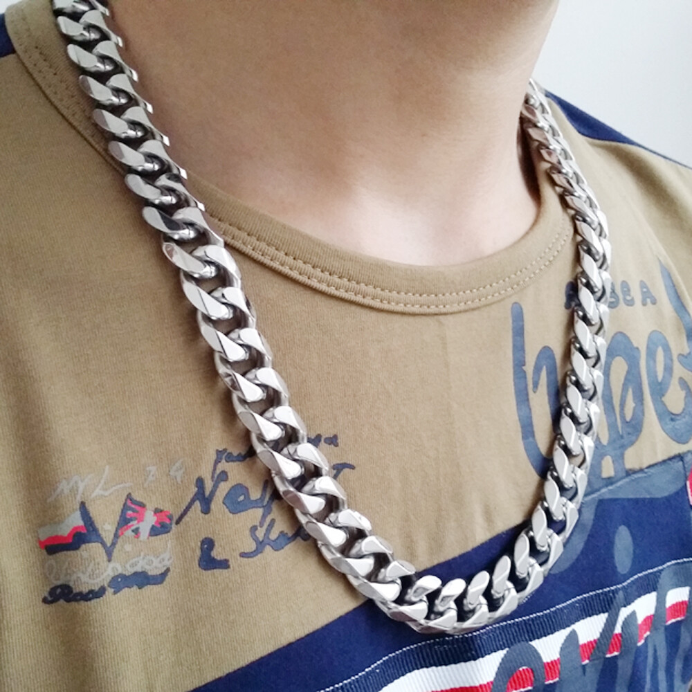24″15mm Top 316L Stainless Steel Heavy Link Silver Curb Cuban Chain Men Necklace