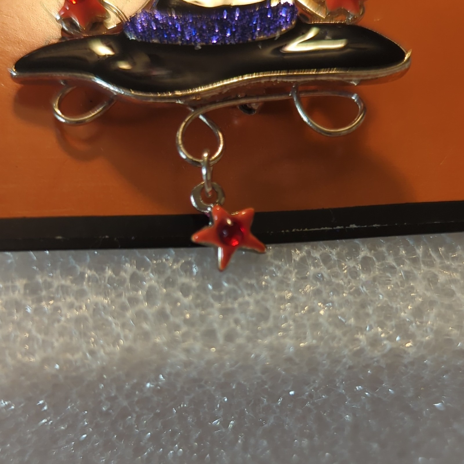 Black Enamel Witch Hat Halloween Brooch Pin, Orange Blue Silver Dangle