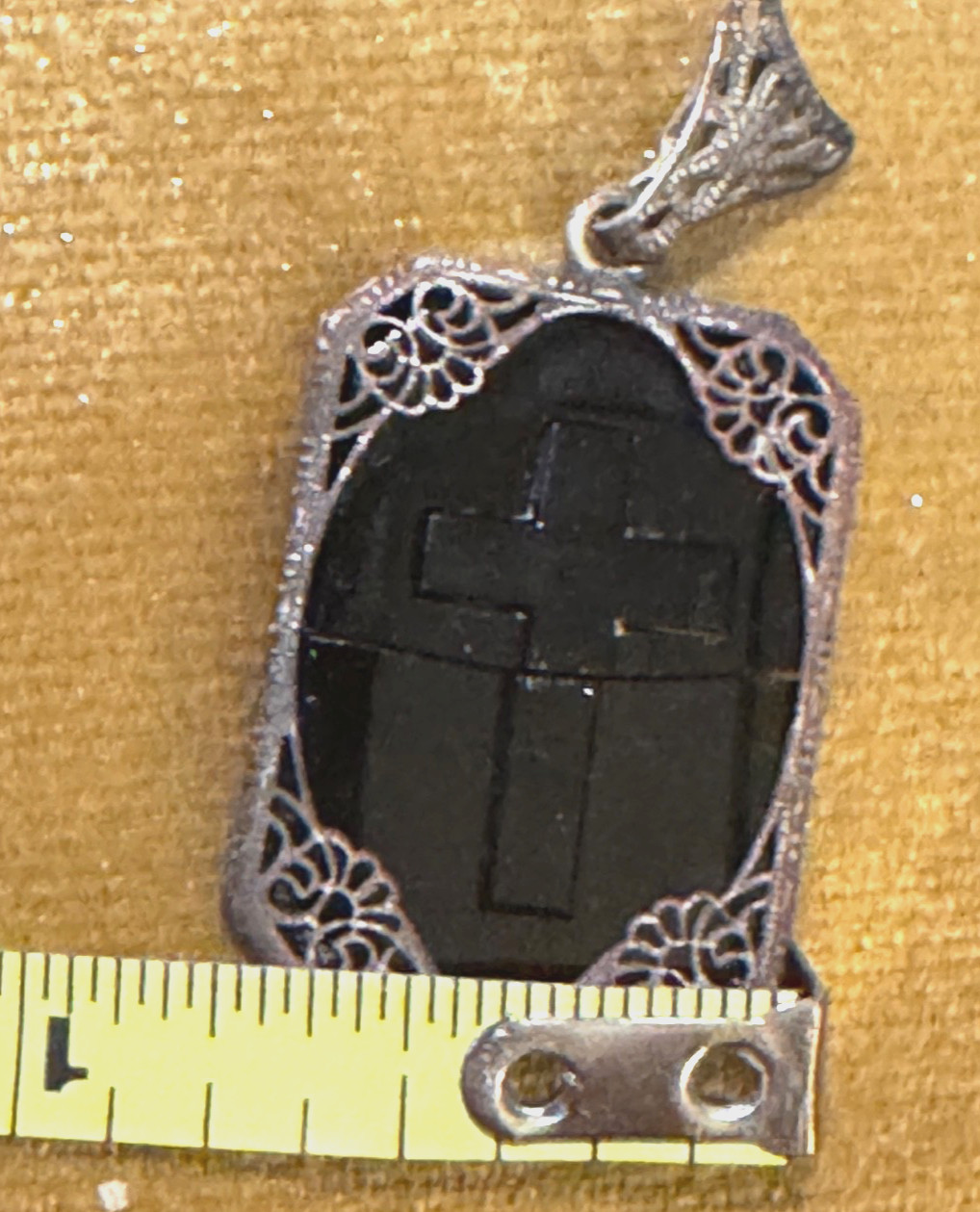 Antique Ornate Border with Black Onyx Mourning Pendant Etched Cross & Star Prism