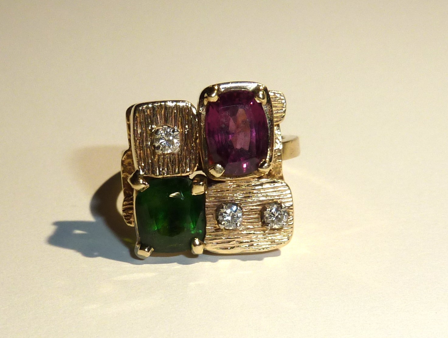14K Vintage Gold Ring Diamonds Tourmaline Pink Green Semi Precious 6 1/2 8.2 gr