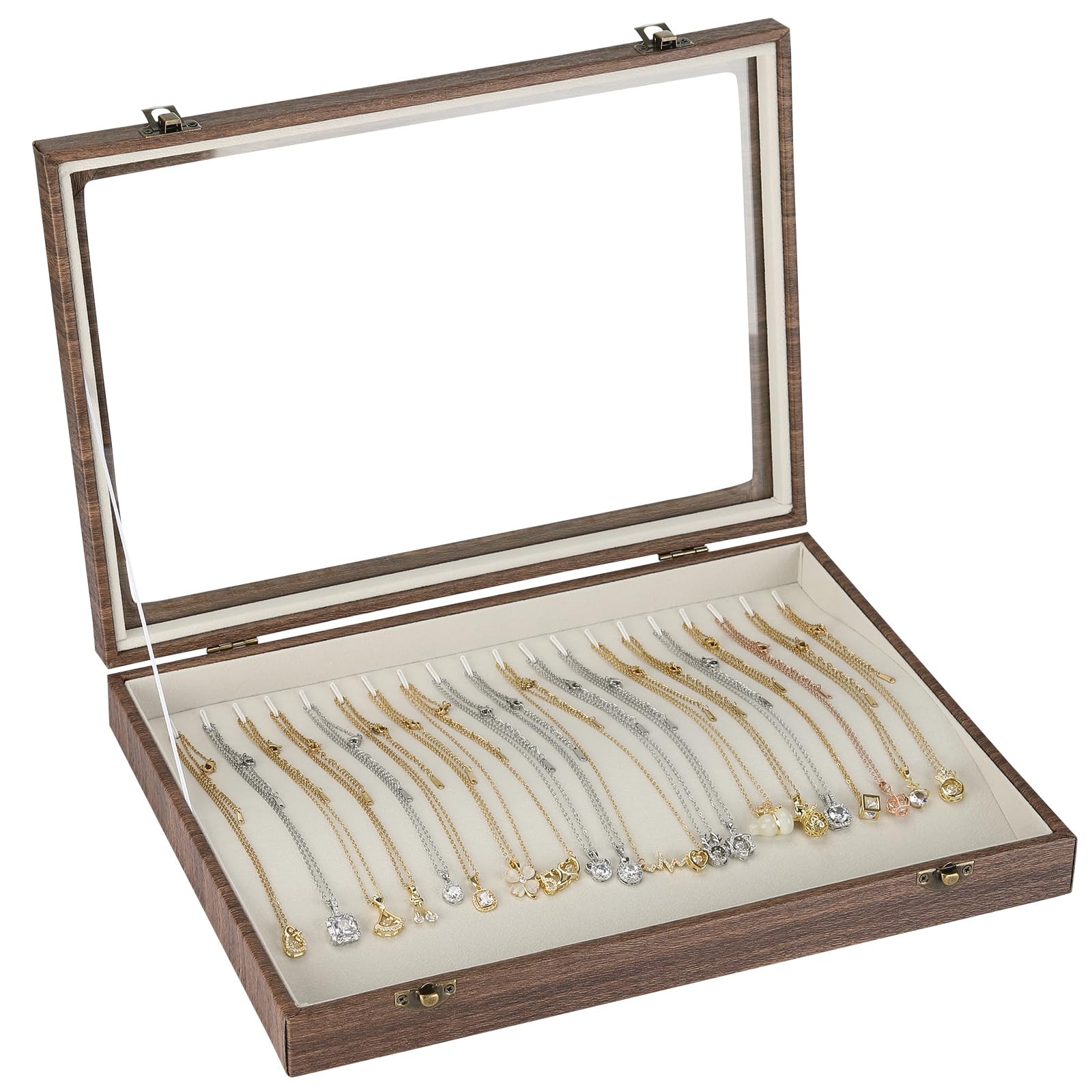KUKUVR 20 Hooks Velvet Necklace Organizer Box (Wood Style) Wood Style