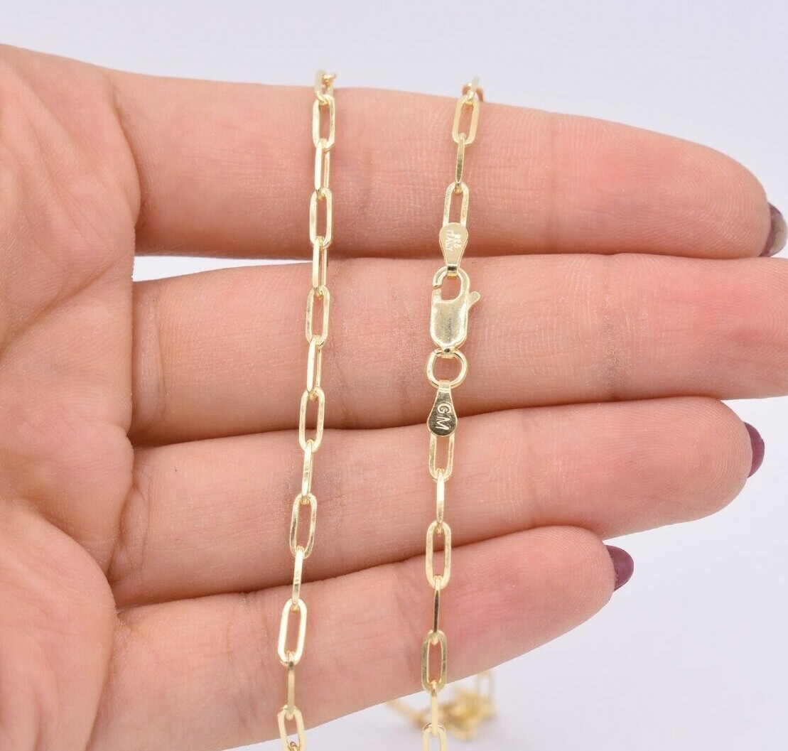 2.5mm Paperclip Link Chain Necklace 14K Yellow Gold Plated Silver 925 Italy