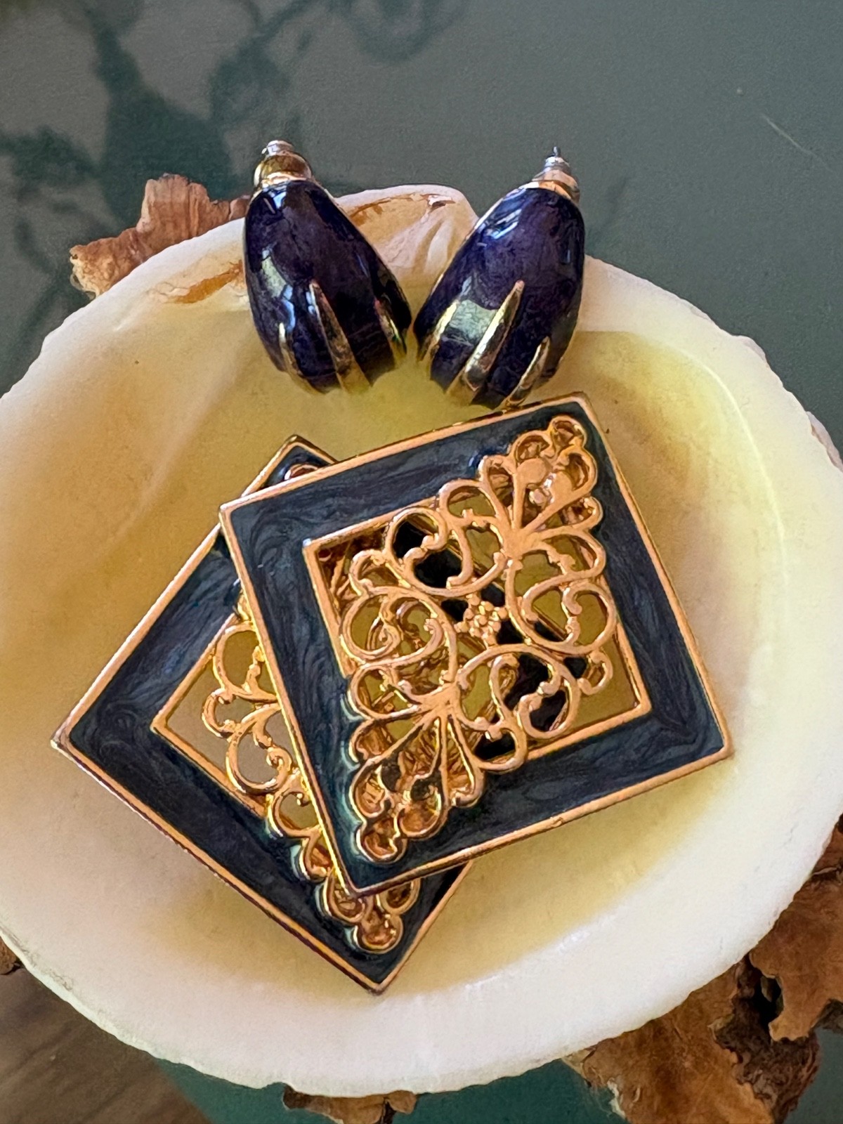 Vintage 1980s Enamel Earrings (Lot of 2) Gold/Blue and Gold/Purple