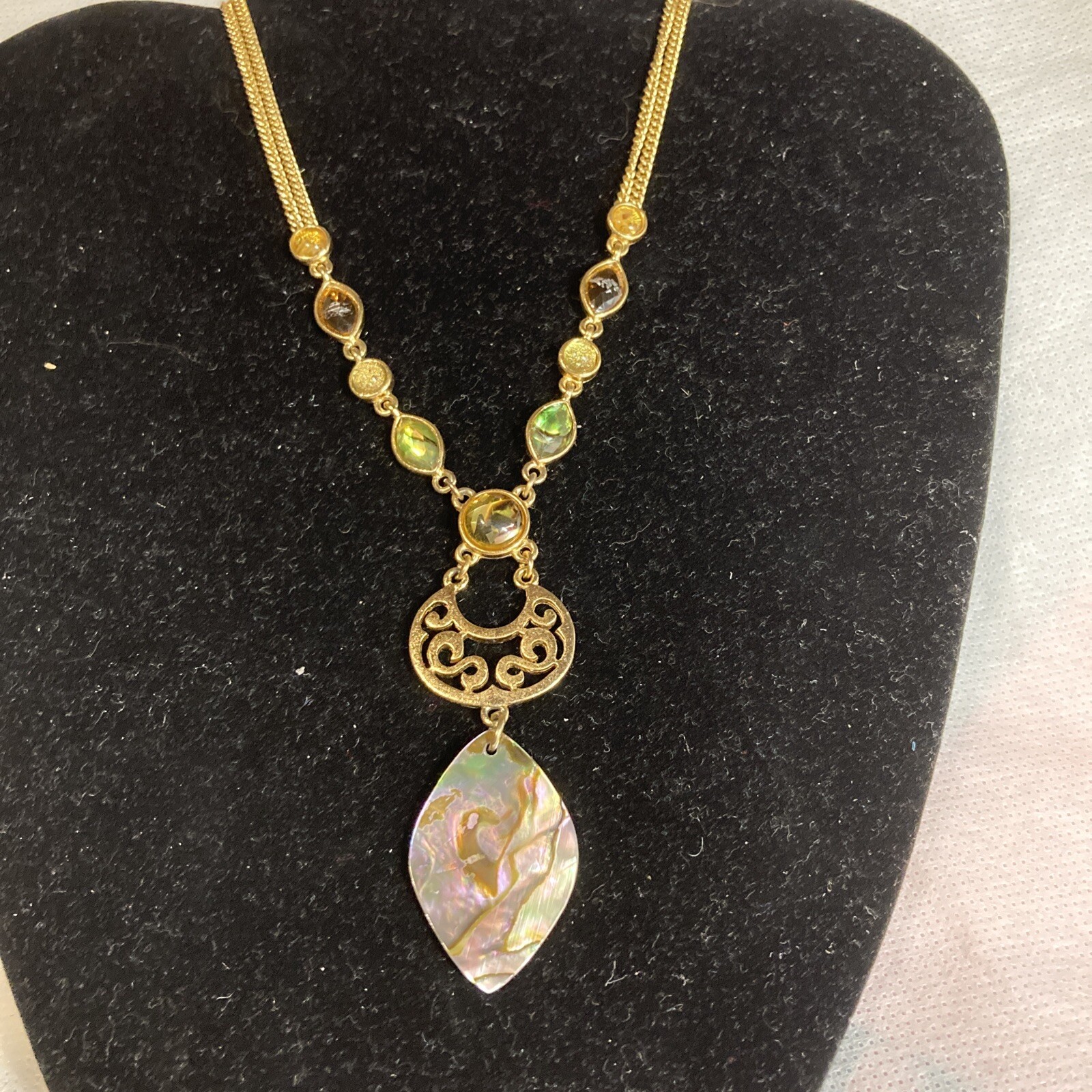 abalone and gold tone necklace signed CH 16-18” 2.5” pendant b98