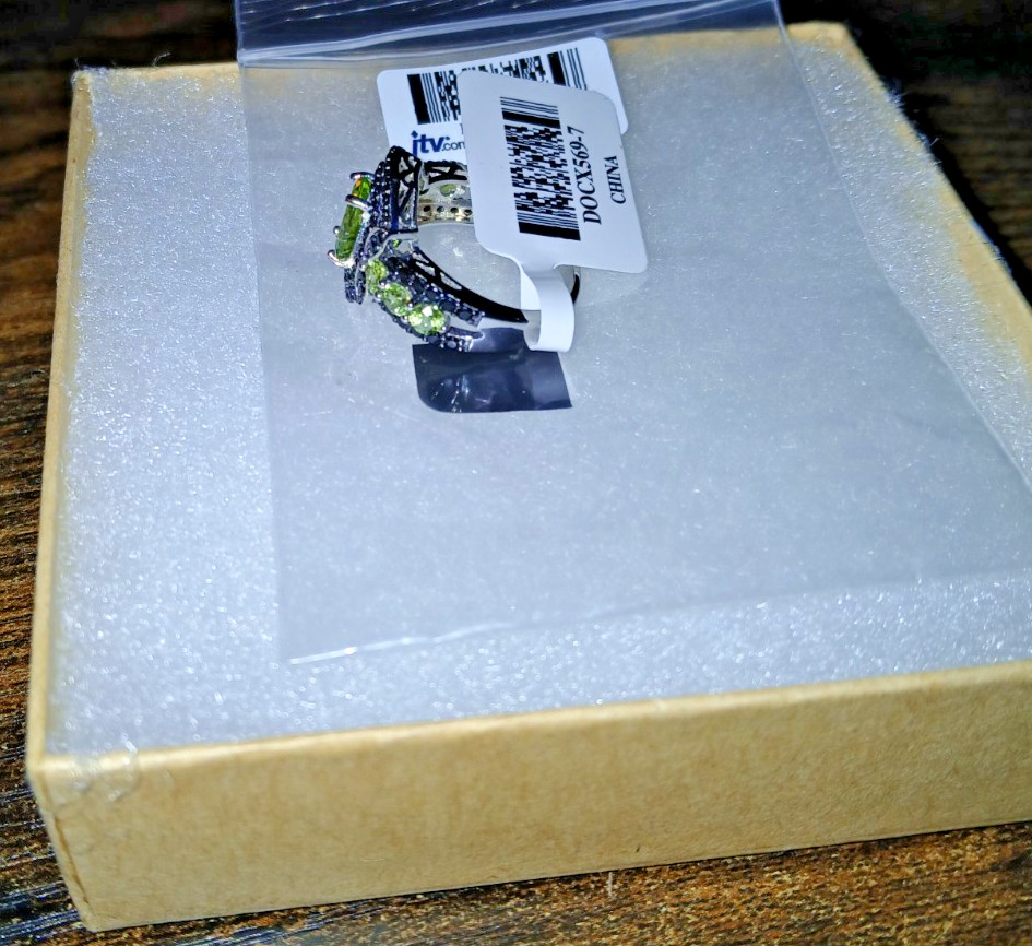 GREEN PERIDOT BLACK SPINEL RHODIUM OVER STERLING SILVER RING 3.45CTW SIZE 7 NWT