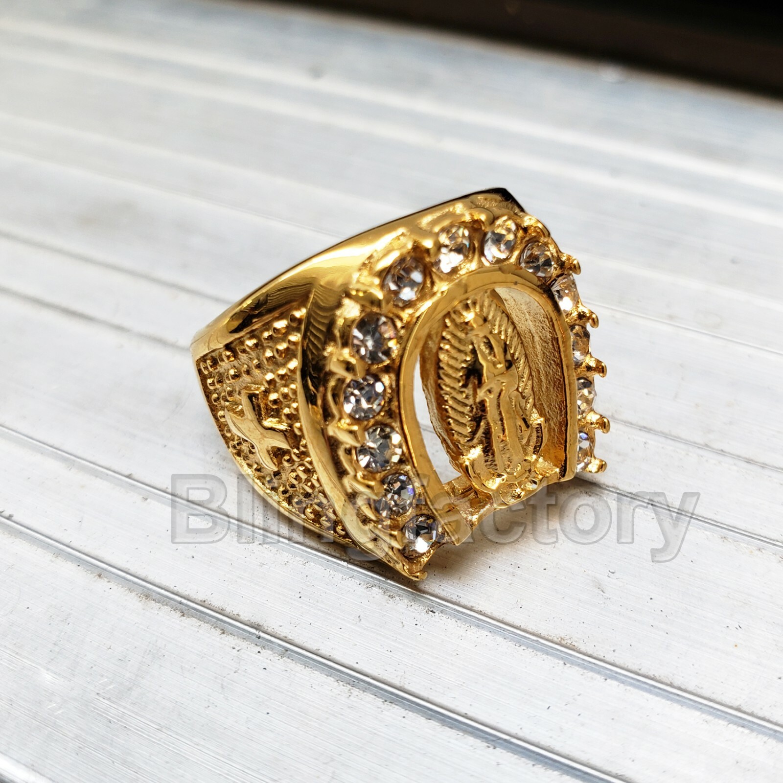 GOLD STAINLESS STEEL HIP HOP ICED GUADALUPE CUBIC ZIRCONIA RING SIZE 8~12 S09
