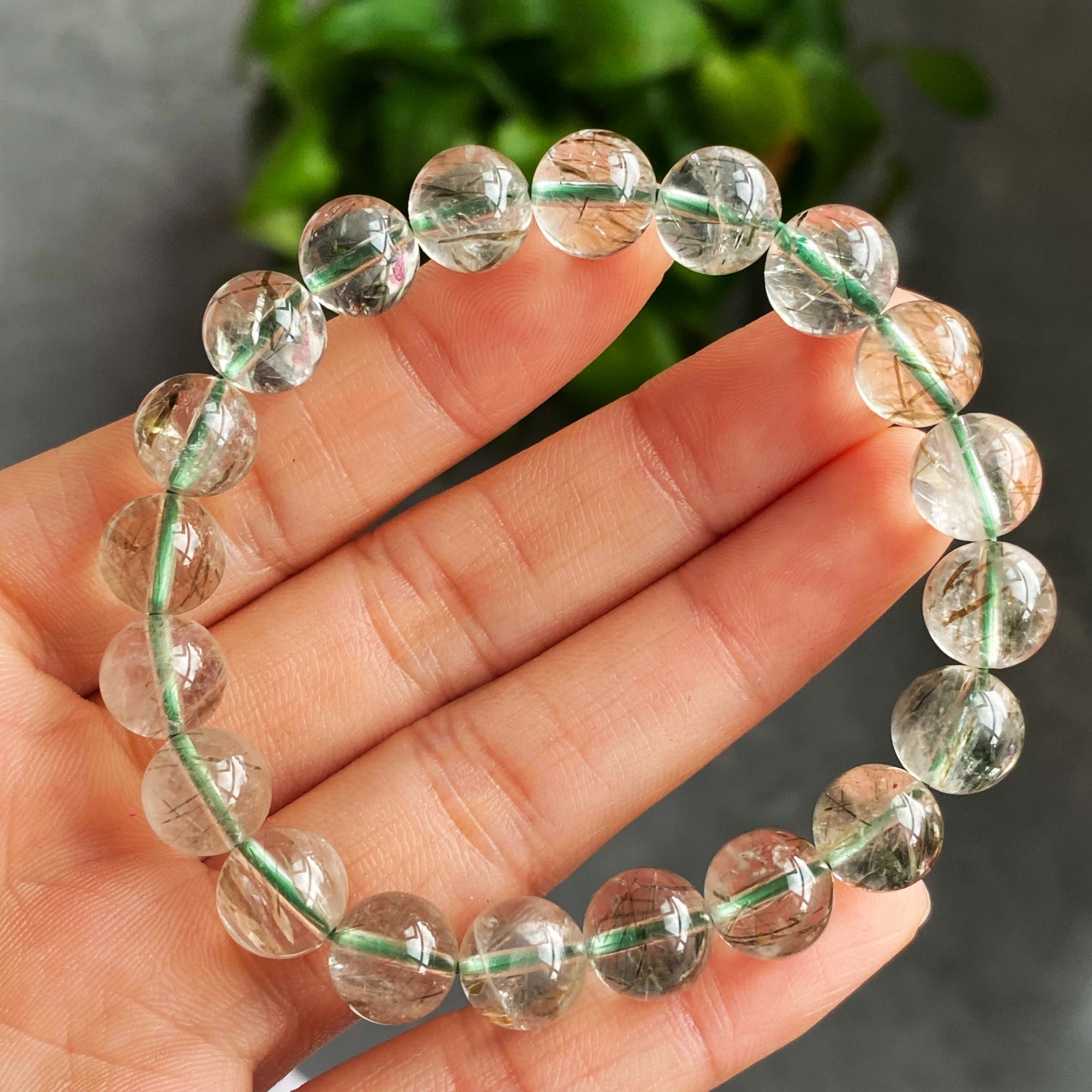 9.2mm Natural Green Tourmaline Rutilated Quartz Crystal Bracelet 3109