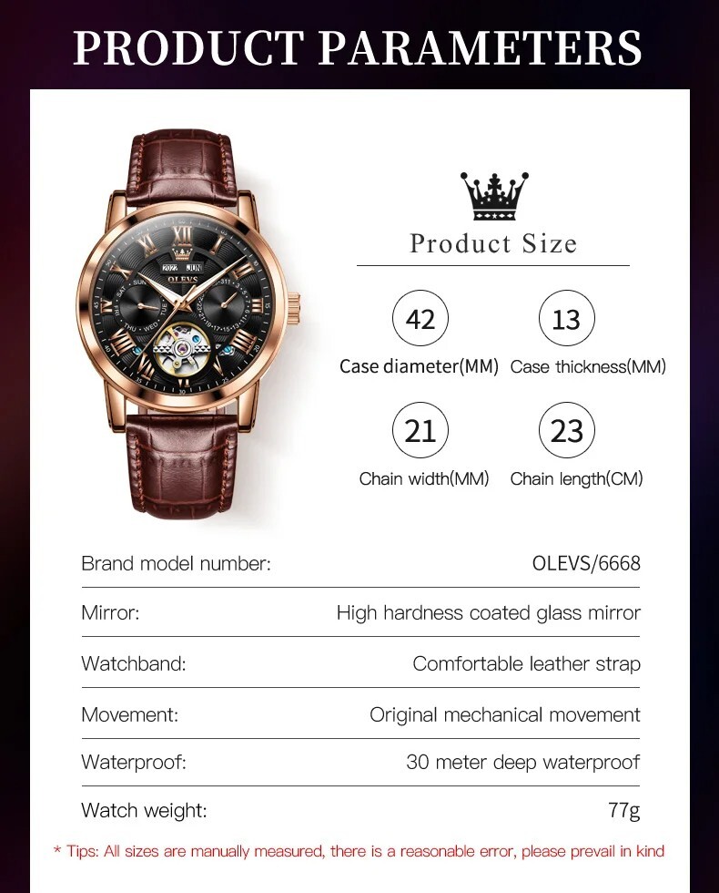 OLEVS Watch Automatic Mechanical Waterproof Luxury Men Men’s Date Leather Strap