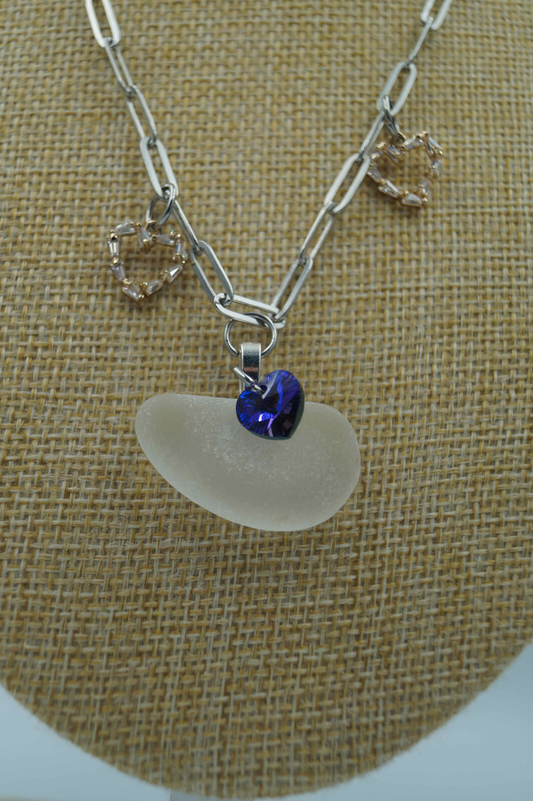 White Sea Glass Piece & Heart Charms on Paperclip Stainless Steel Chain (P#112)