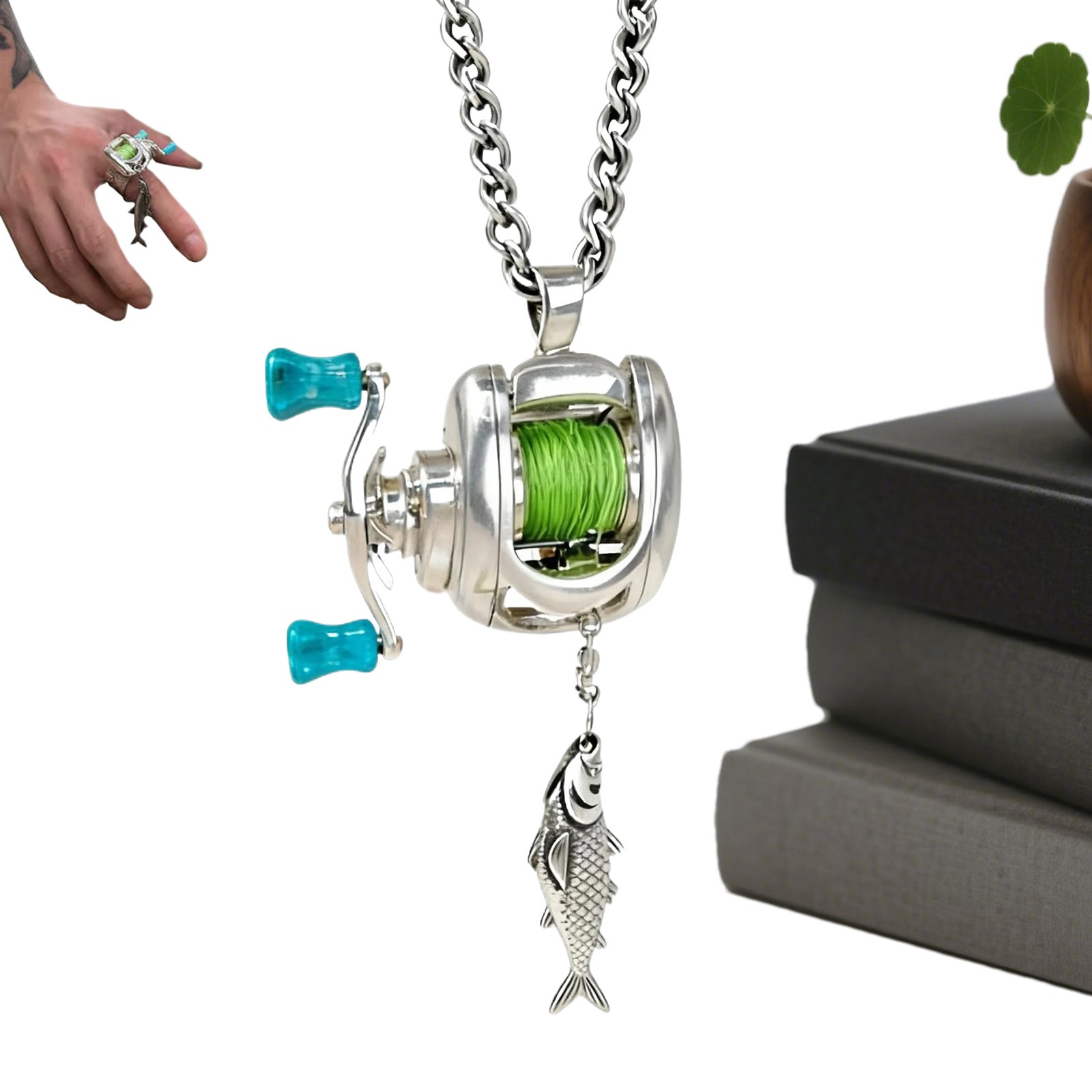Fishing Reel Jewelry Set Realistic Sparkling Fishing Enthusiast Pendant Necklace
