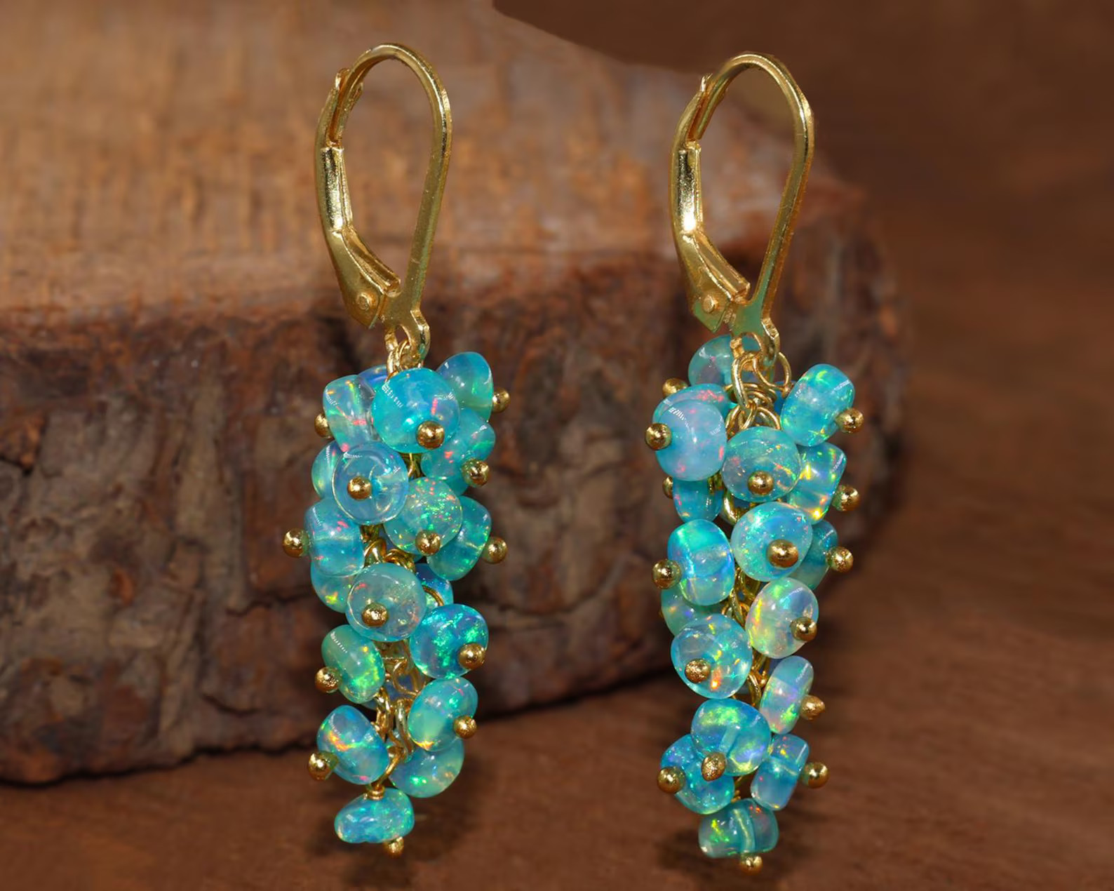 Natural Paraiba Opal Cluster Earrings 925 Silver Leverback October Birthstone