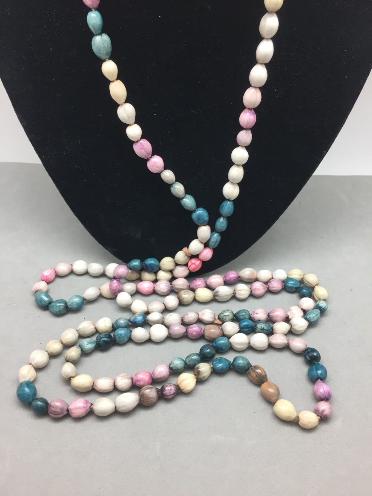 Vintage Multicolor Dyed Job’s Tears Seeds Beaded Necklace 67″ Continuous Wrap
