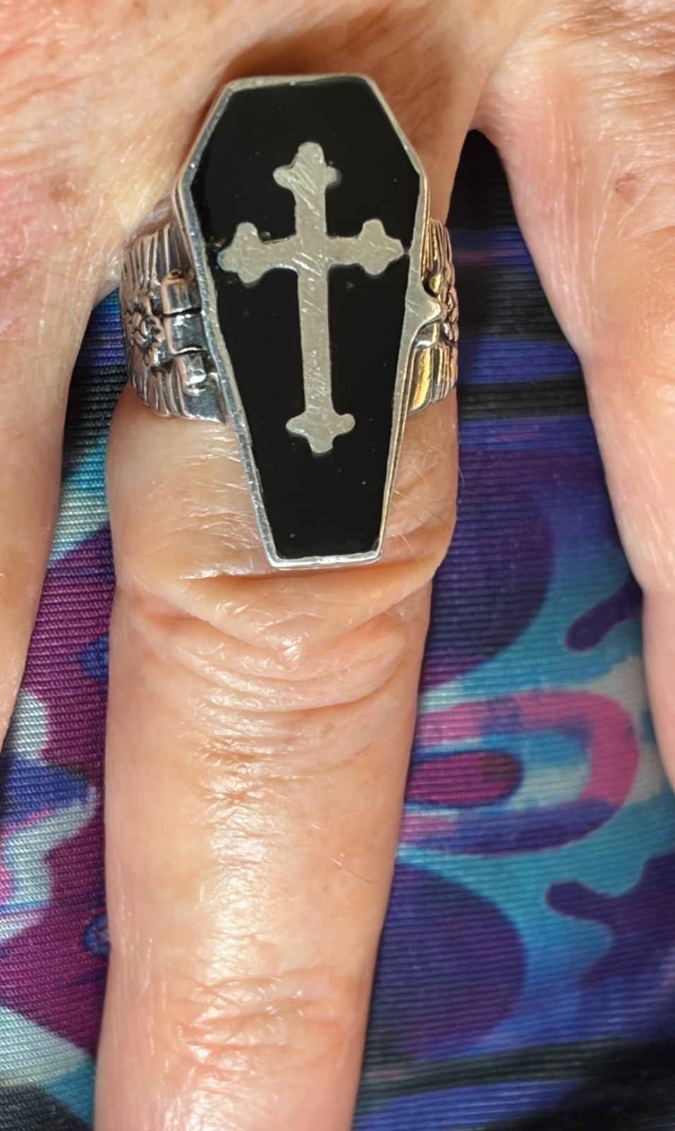 Coffin Cross Poison Sterling Silver Ring Skeleton Memento Mori Size 7.5 Vintage