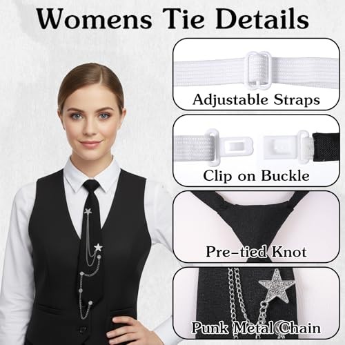 Ouligay Black Tie for Women Men Punk Neck Tie with Metal Chain Pre-Tied