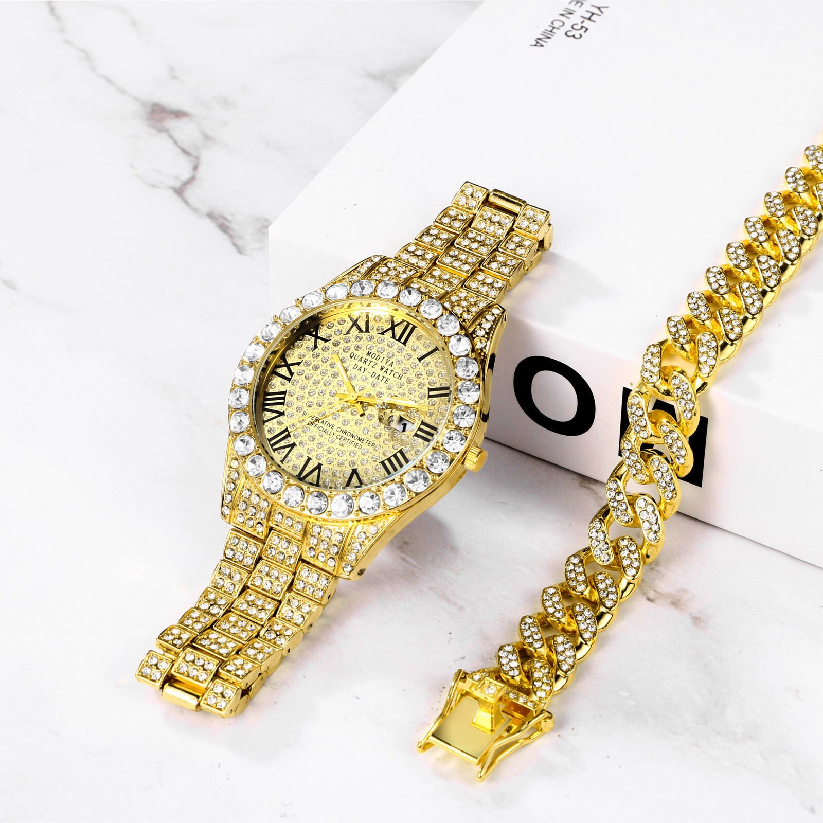 Hip Hop Men CZ Iced Round Stainless Steel Date Quartz Wrist Watch Cuban Bracelet