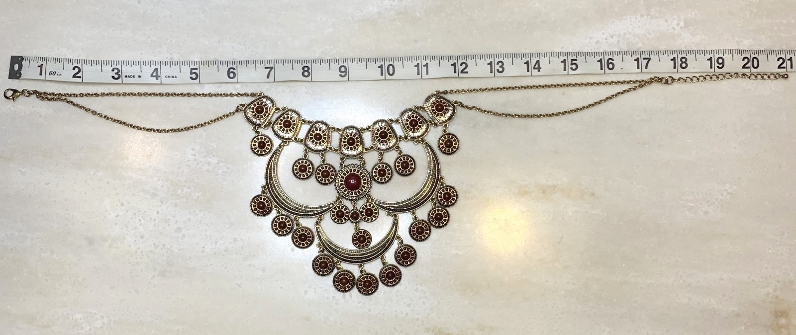 Boho Style Gold Tone Bib Statement Necklace Crescent Shapes w/ Maroon Medallions