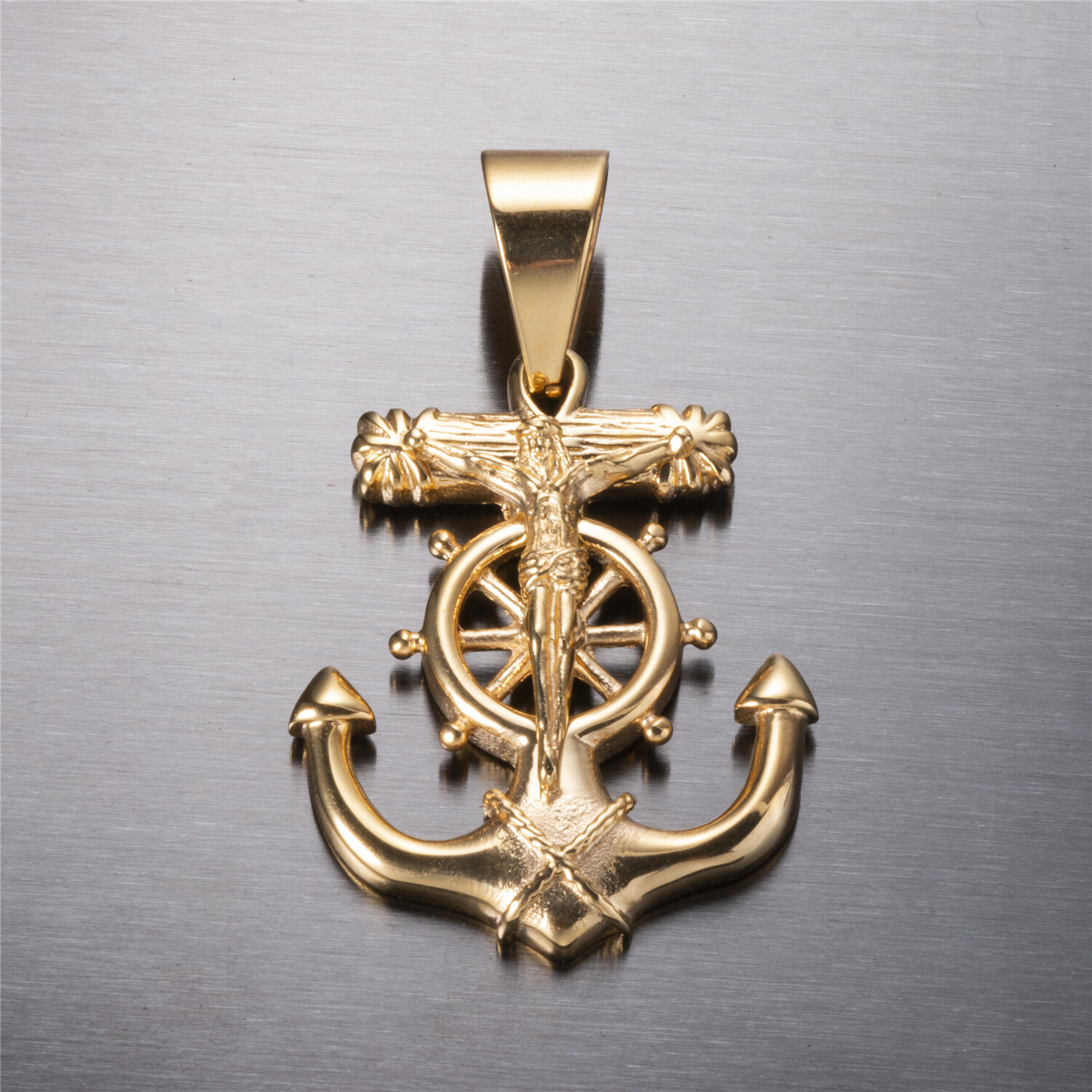 Jesus Cross Anchor Men’s Gold Stainless Steel Pendant Chain Necklace set