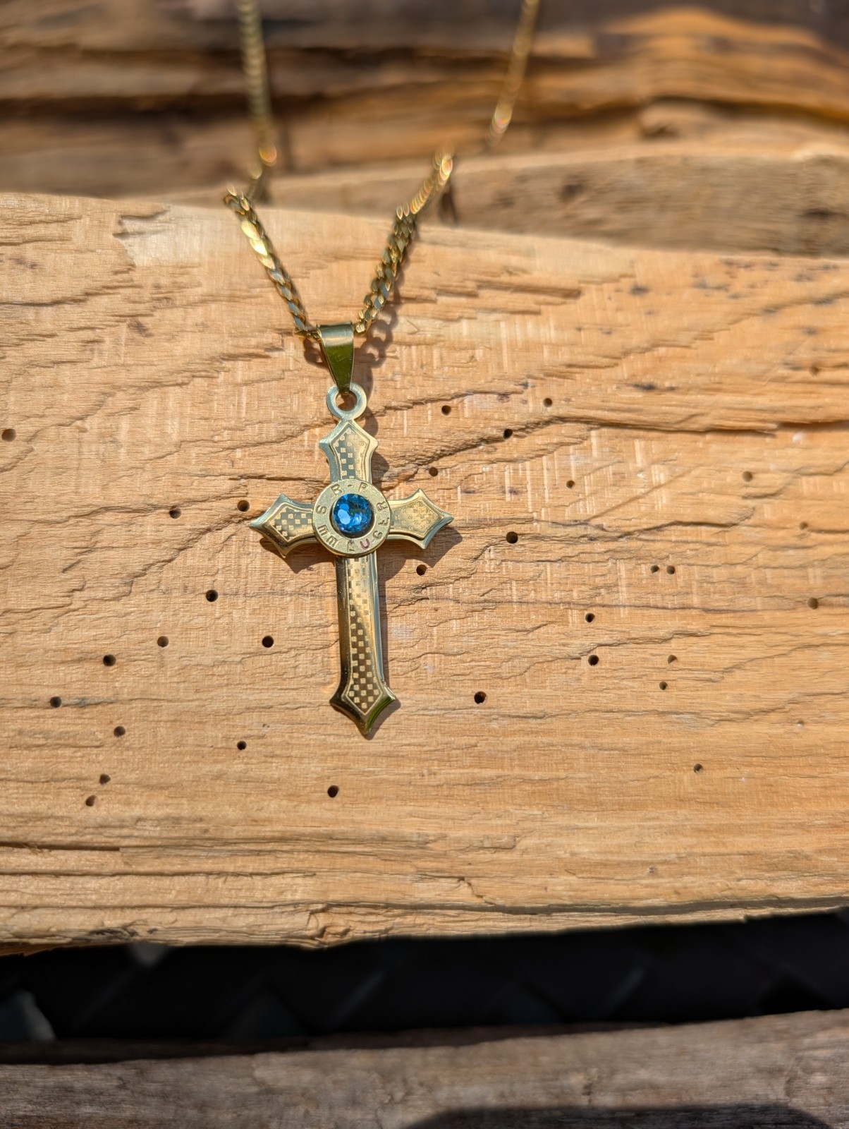 Gold Stainless Steel Cross Necklace with 9mm Bullet. Optional Crystal.
