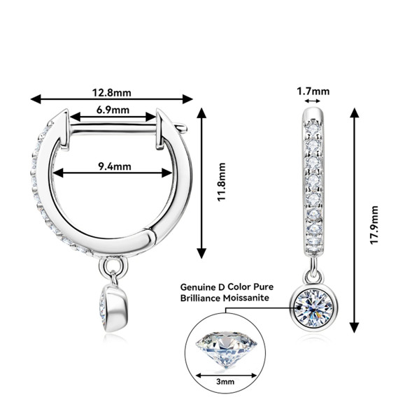 2CT 4CT Round Bezel Moissanite Drop Earrings 925 Sterling Silver Dangle Earring